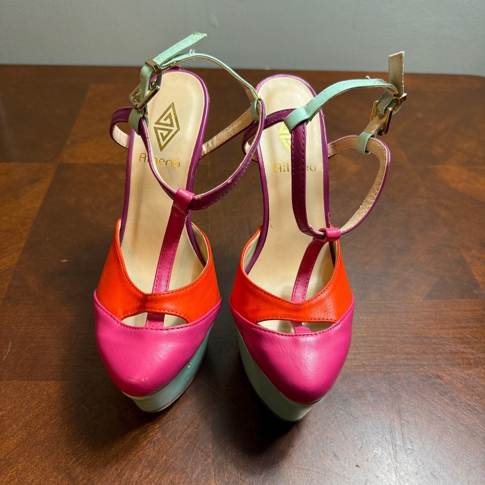 Athena Barbie Y2K Rave Platform Heels Colorblock Neon Pink Orange Teal Size 7